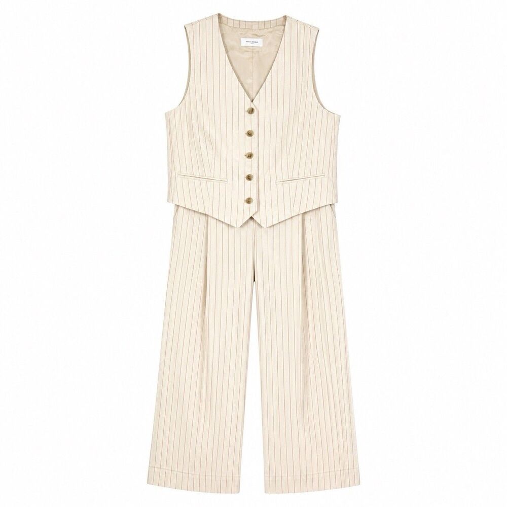Banana Republic Womens 16 Pinstripe Vest Wide Leg Pants 2 Piece Suit Set Cream